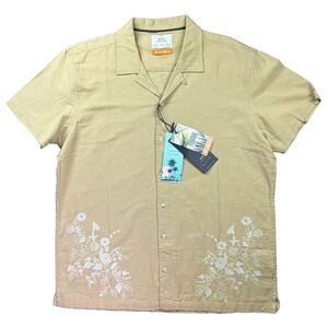 New MBX Premium Goods Short Sleeve Mens Shirt Medium‎ Beige Embroidered Floral